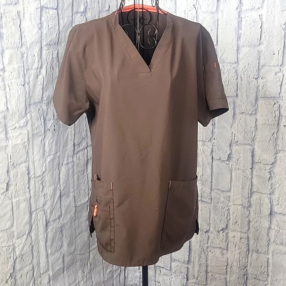 CARHARTT Cross Flex Women's Y Neck Brown Scrub‎ Top Medium - Picture 1 of 10